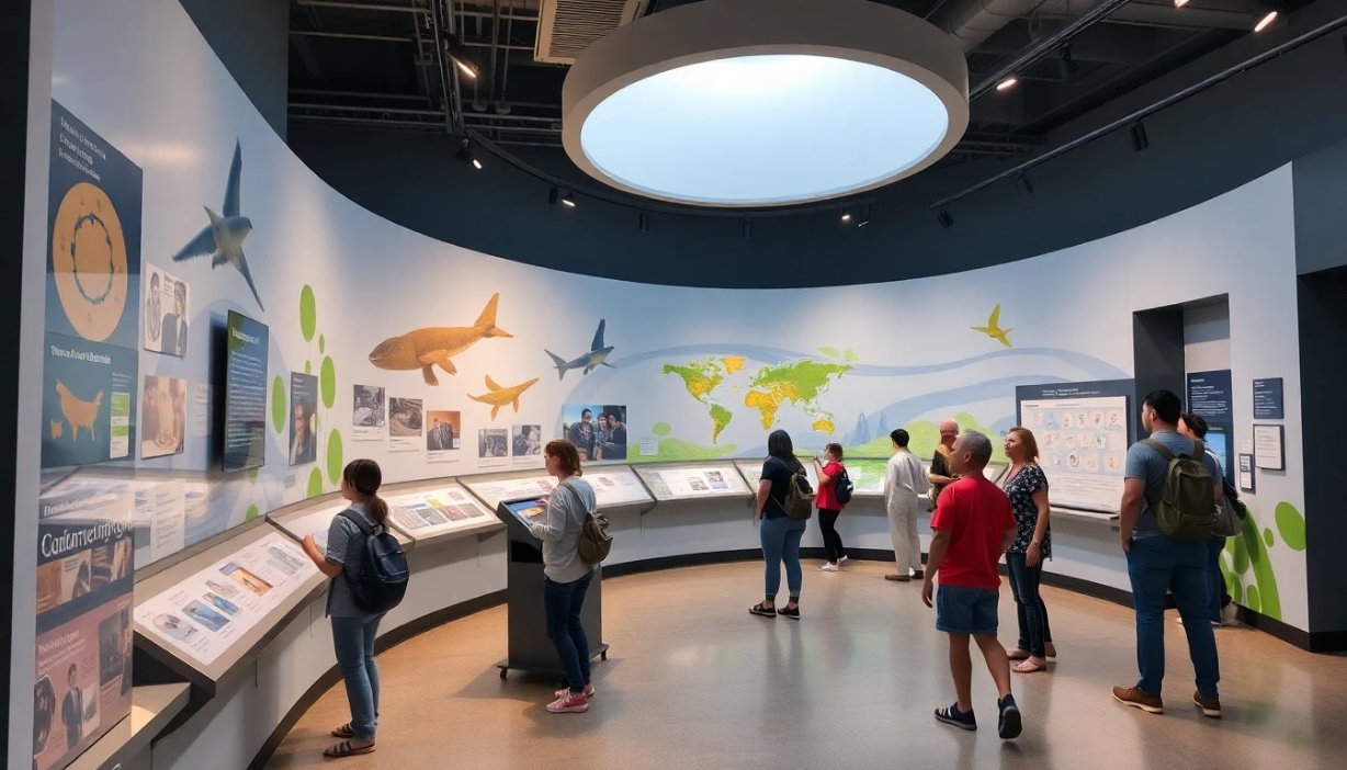 Interactive museum exhibit with visitors of various ages engaging with displays